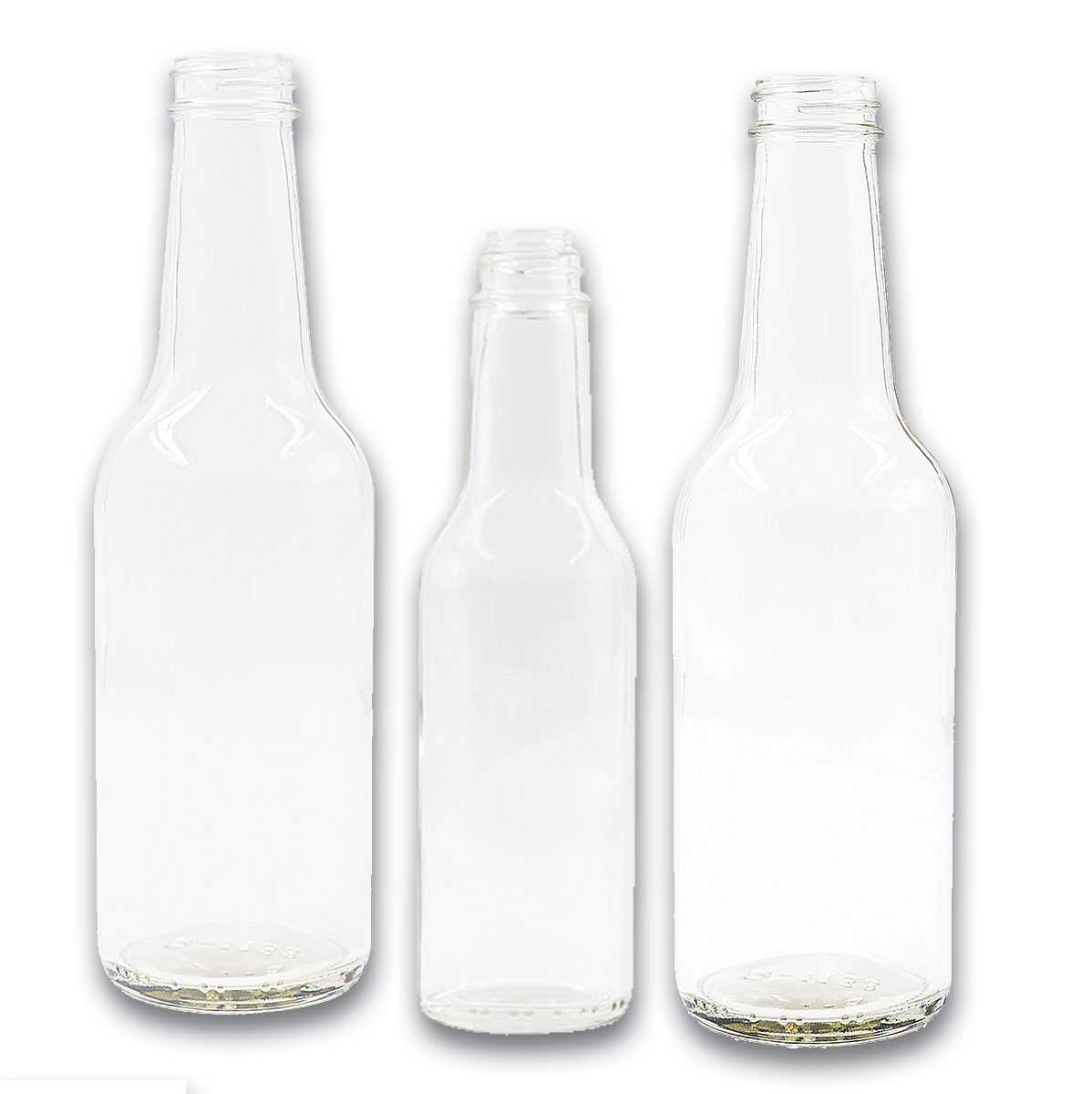 Three clear woozy bottles on a white background
