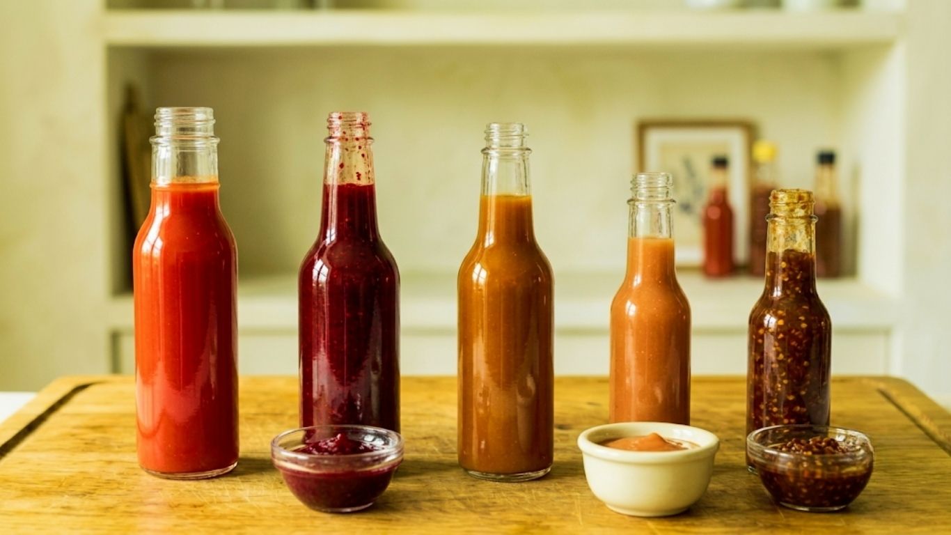 Various hot sauce glass bottles.