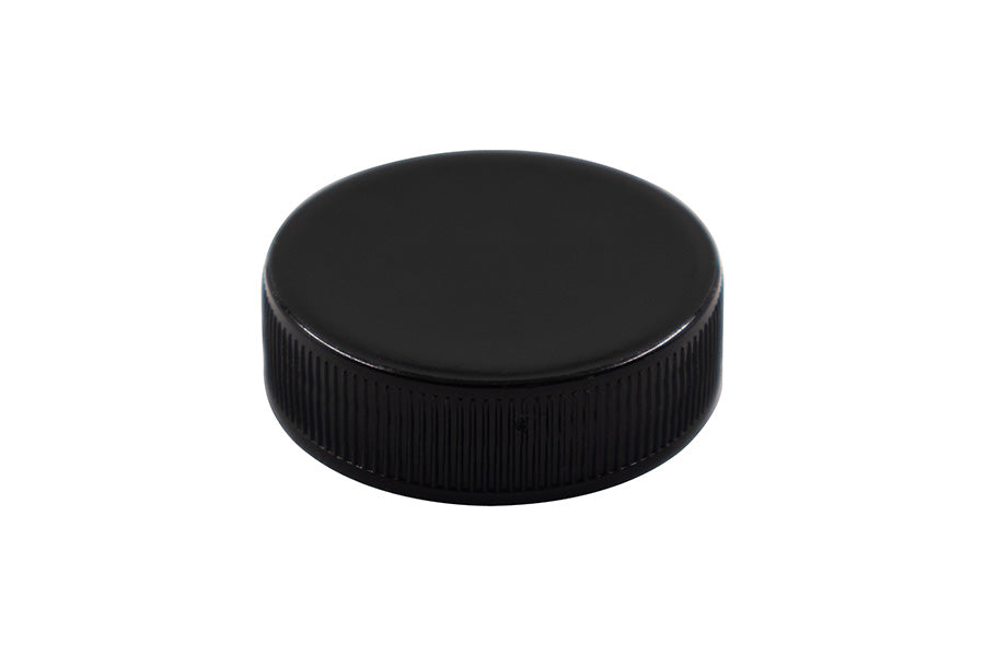 38-400 Black PP Continuous Thread Matte Top Fine Ribbed Pressure Sensitive Printed Liner Cap