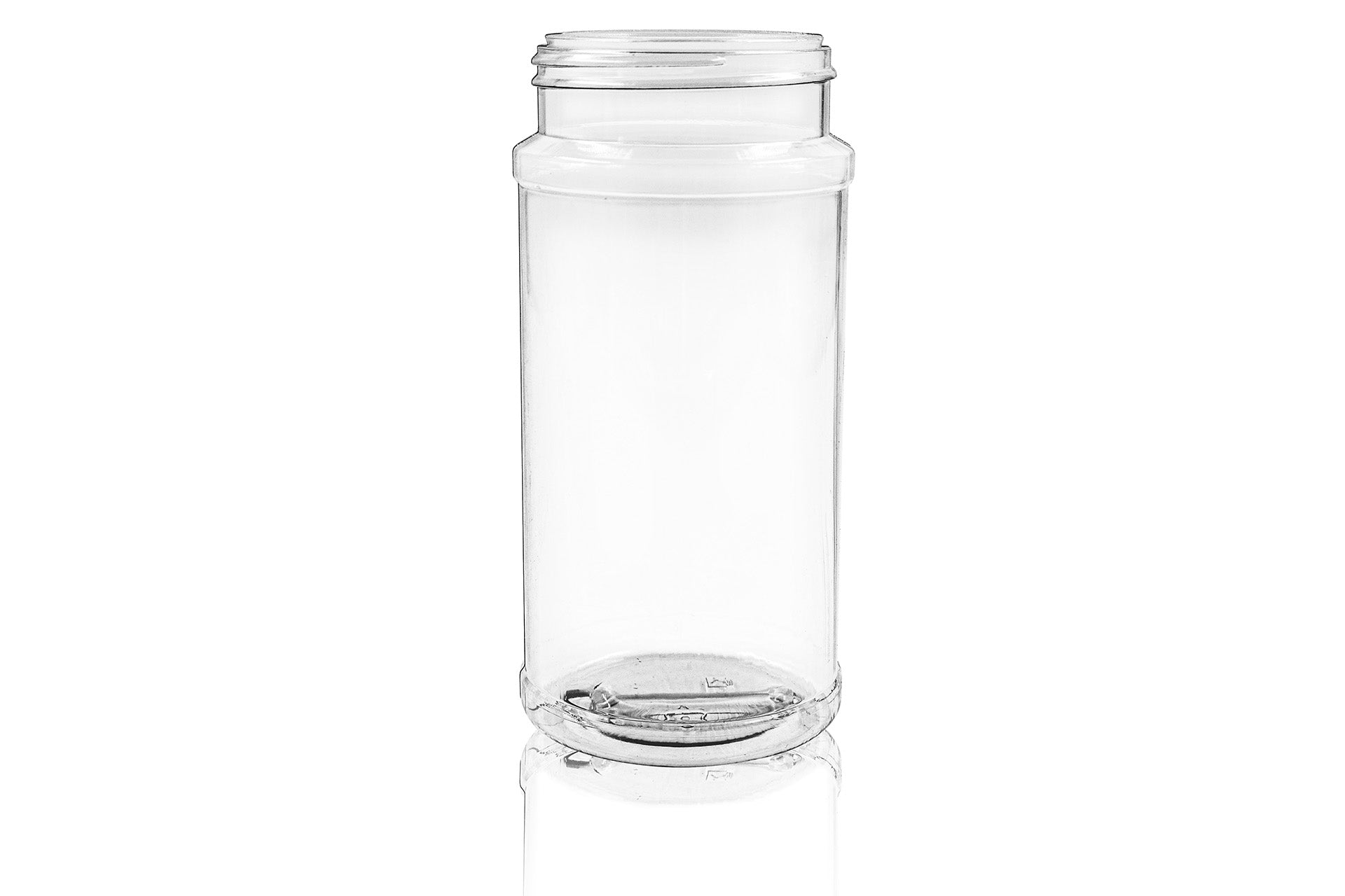 Clear plastic spice jar on a white background