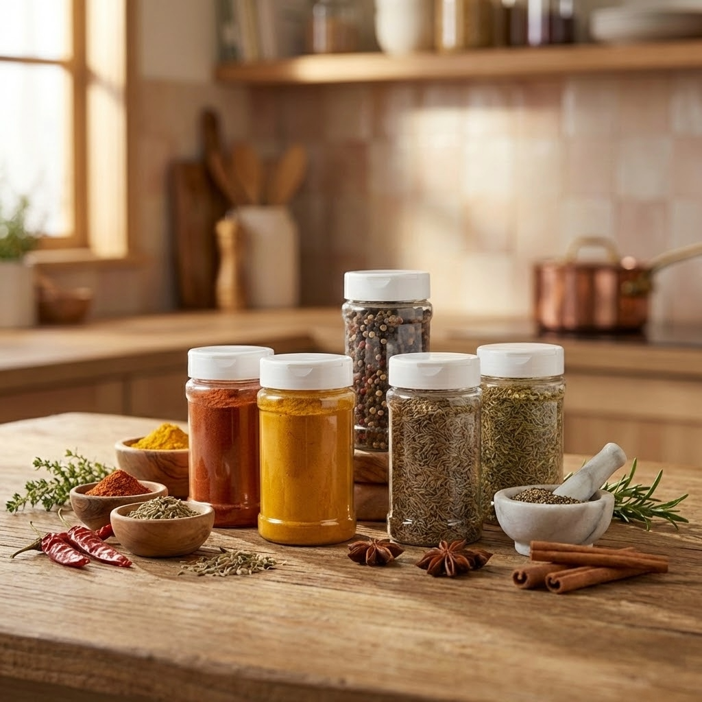 Spices and herbs on a wooden table in a kitchen setting with plastic jars and flip top lids