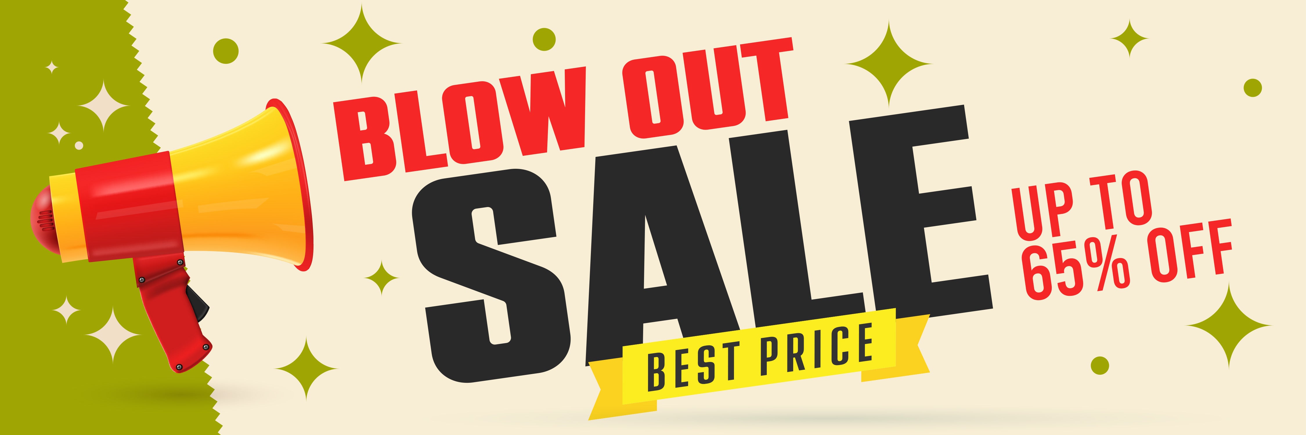 Promotional banner with 'Blow Out Sale' text and megaphone icon on a beige background.