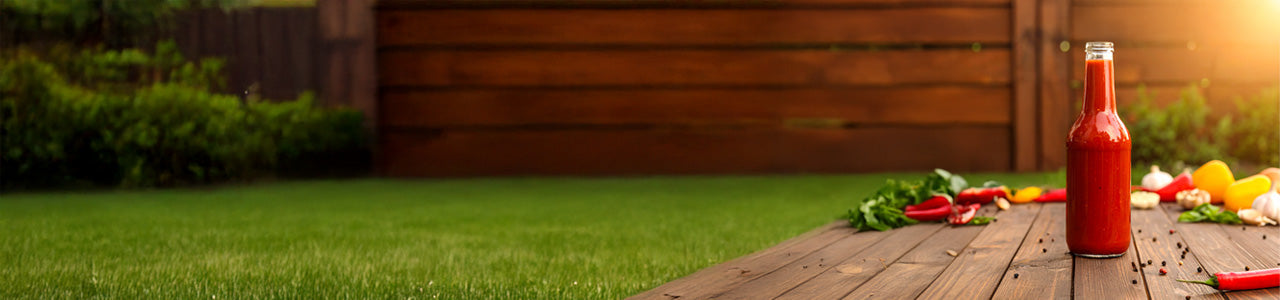 Glass bottle of hot sauce on a wooden table with vegetables in a summer garden setting.