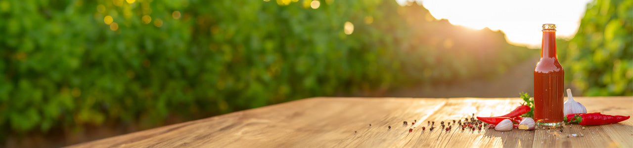 Glass hot sauce bottle with chili peppers, garlic and peppercorns on a wooden table in the summer.