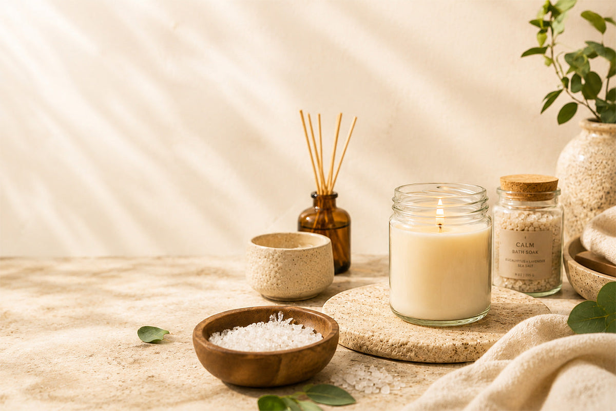 A styled spa scene with a lit cream candle in a clear glass jar, a small amber reed diffuser bottle, a beige ceramic cup, a wooden bowl of white bath salts, and a labeled jar of sea salt on a woven mat against a warm beige backdrop.