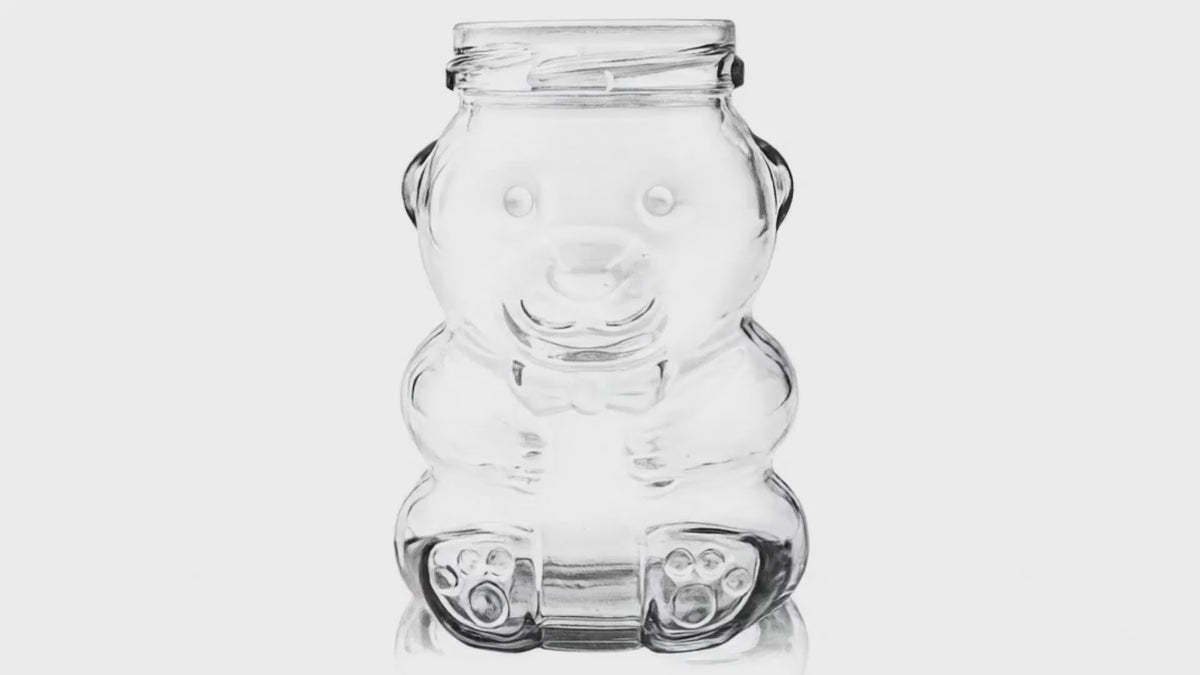 Load video: 265 ml Clear Glass Round Honey Bear Jar 58-2020
