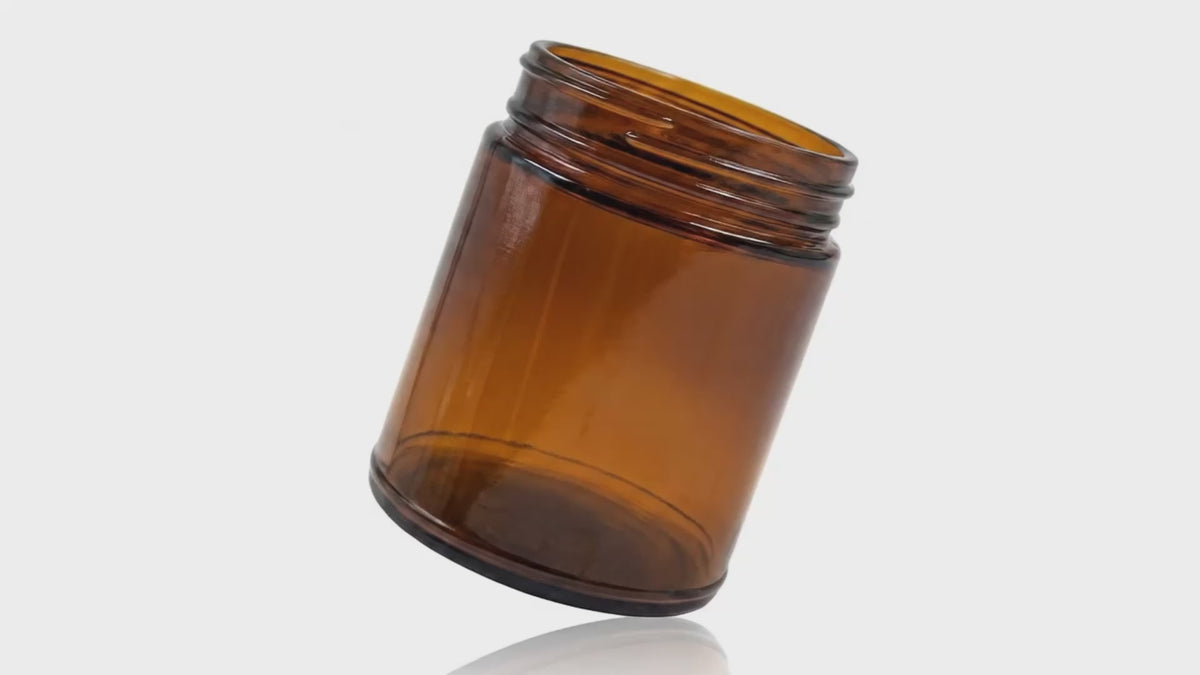 Load video: 9 oz Amber Glass Round Straight Sided CYLINDER Jar 70-400 (12)