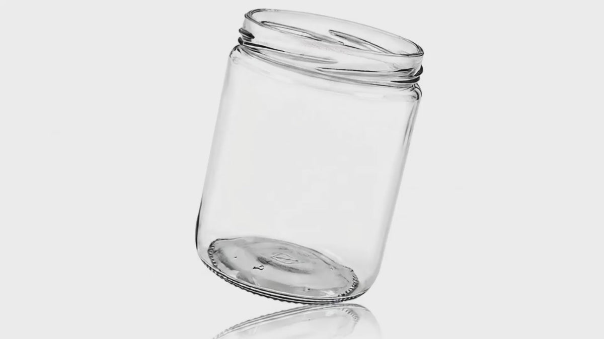 Load video: 16 oz Clear Flint Glass Round SQUAT Jar 82-2040 (12)